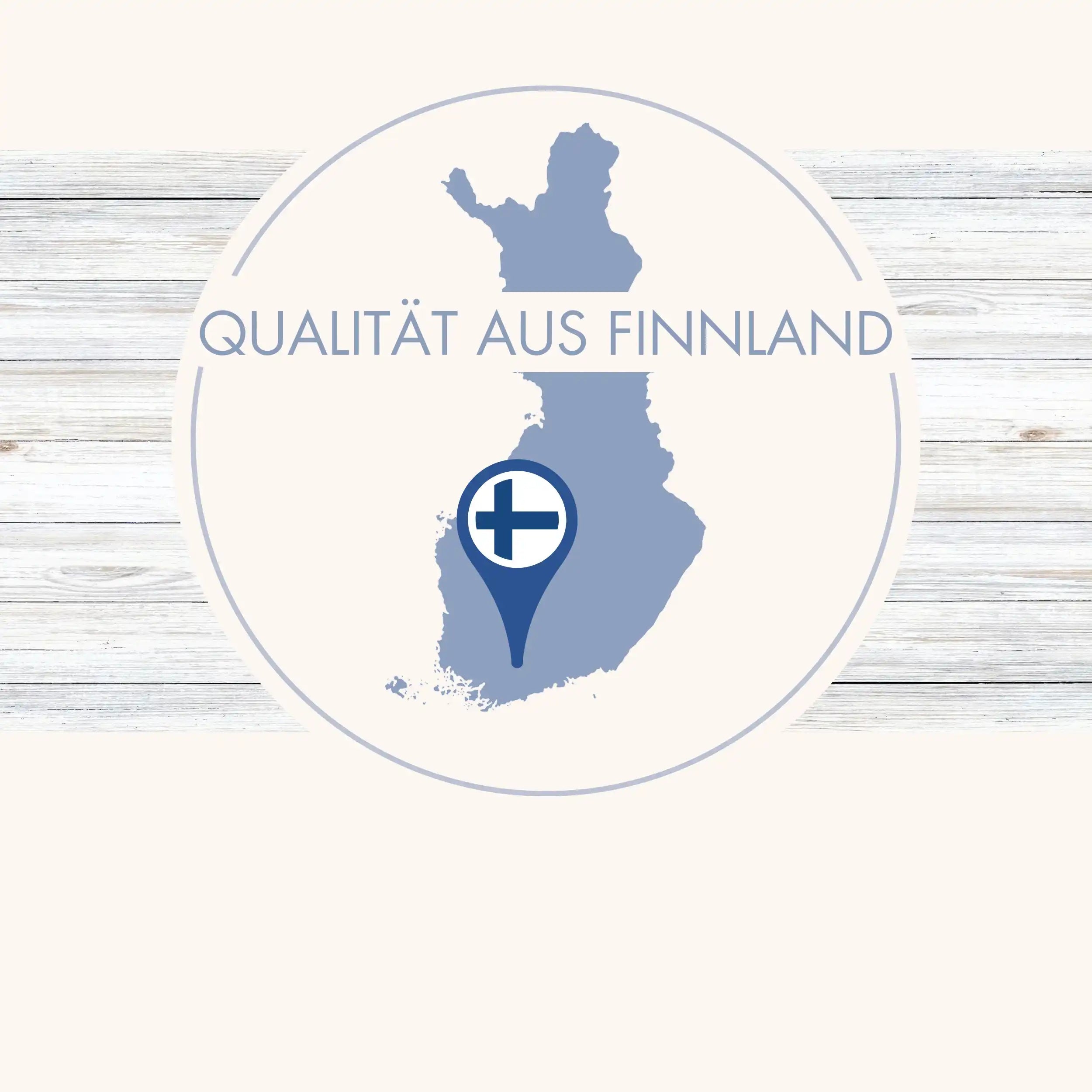 Illustration der Karte von Finnland mit einem Marker-Symbol und dem Text ‘Qualität aus Finnland’ – symbolisiert hochwertige Produkte aus finnischer Herkunft.