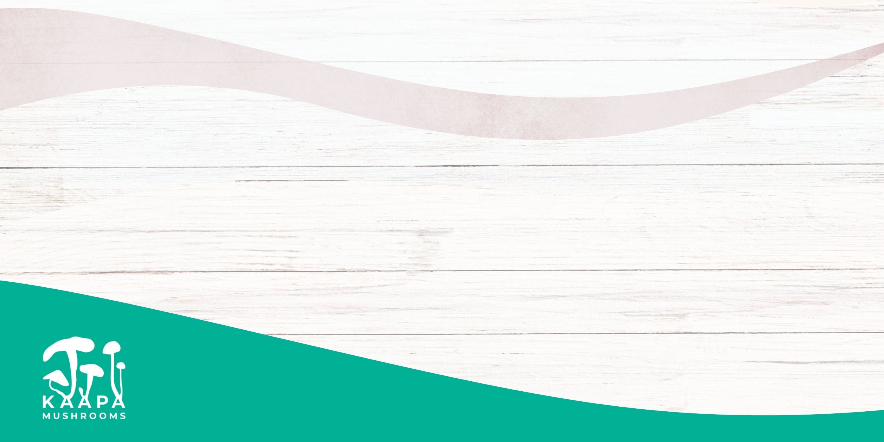 Hintergrund mit Holzstruktur und geschwungener beige-brauner Linie, unten links das weiße KÄÄPÄ Mushrooms-Logo auf grünem Hintergrund.