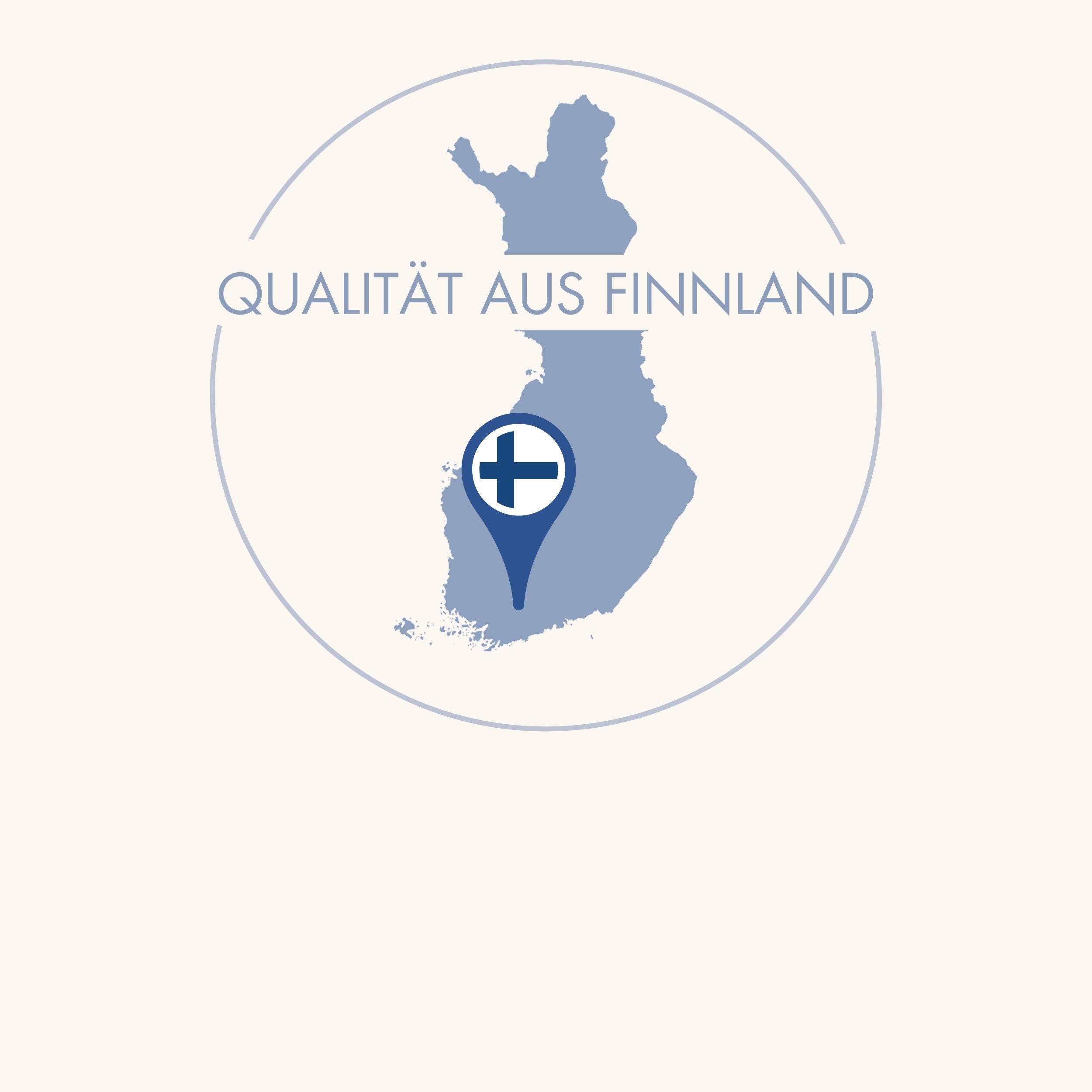 Illustration der Karte von Finnland mit einem Marker-Symbol und dem Text ‘Qualität aus Finnland’ – symbolisiert hochwertige Produkte aus finnischer Herkunft.