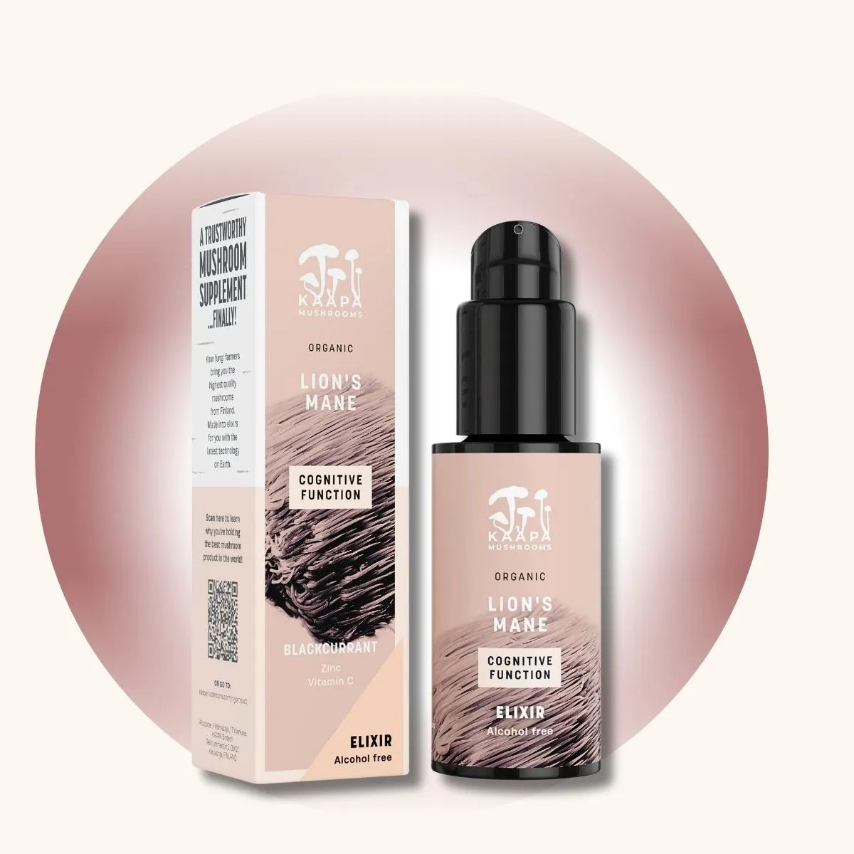 KÄÄPÄ Mushrooms Lion’s Mane-Elixierflasche mit Verpackung, präsentiert vor einem beige-braunen Kreis auf hellem Hintergrund.